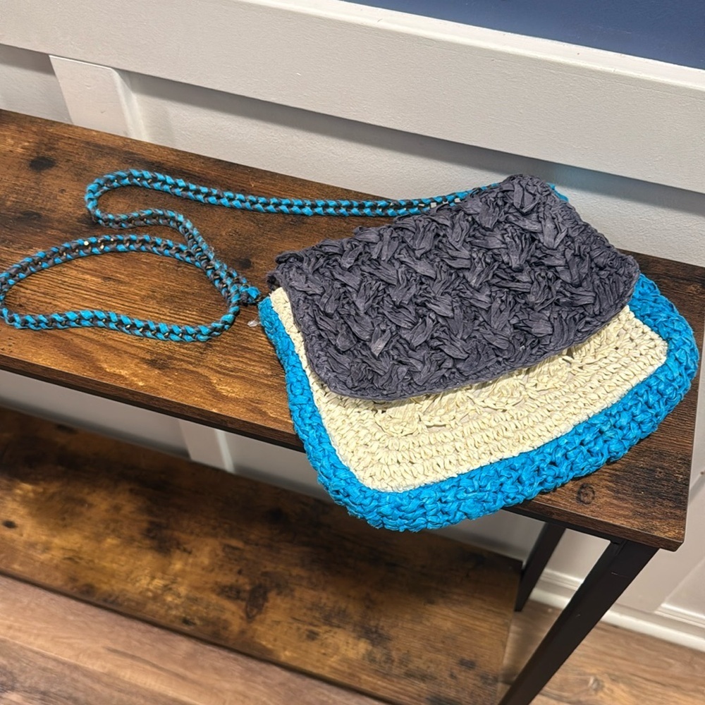 J. Crew Blue Colorblock Raffia Woven Crossbody Bag- Beach Quiet Luxury Handbag